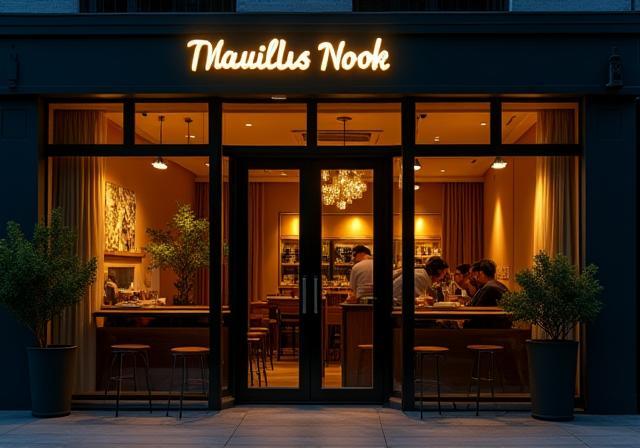 The inviting storefront of Nautilus Nook on Amoy Street, Singapore, glowing warmly in the evening light.